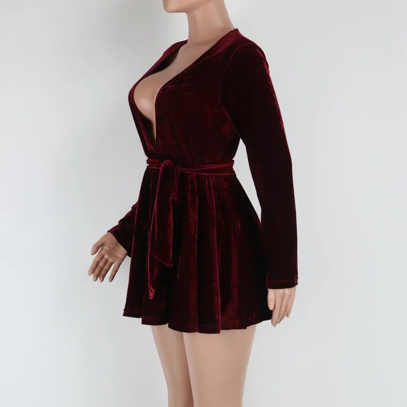 Sexy Deep V Neck Women Dress Long Sleeve Velvet Party Dresses Slim A-Line Dress Wine Red Mini Robe Femme 4