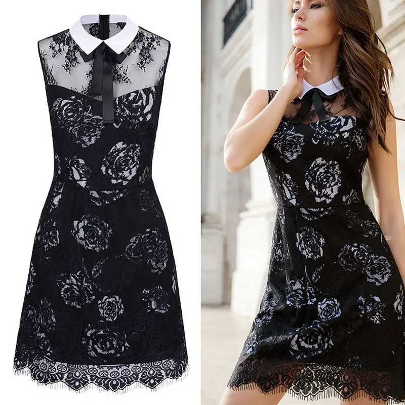 Sexy Dress Vintage Lace Patchwork Sleeveless Peter Pan Collar Dress Robe Sundress Vestido De Festa Dress Feida 3