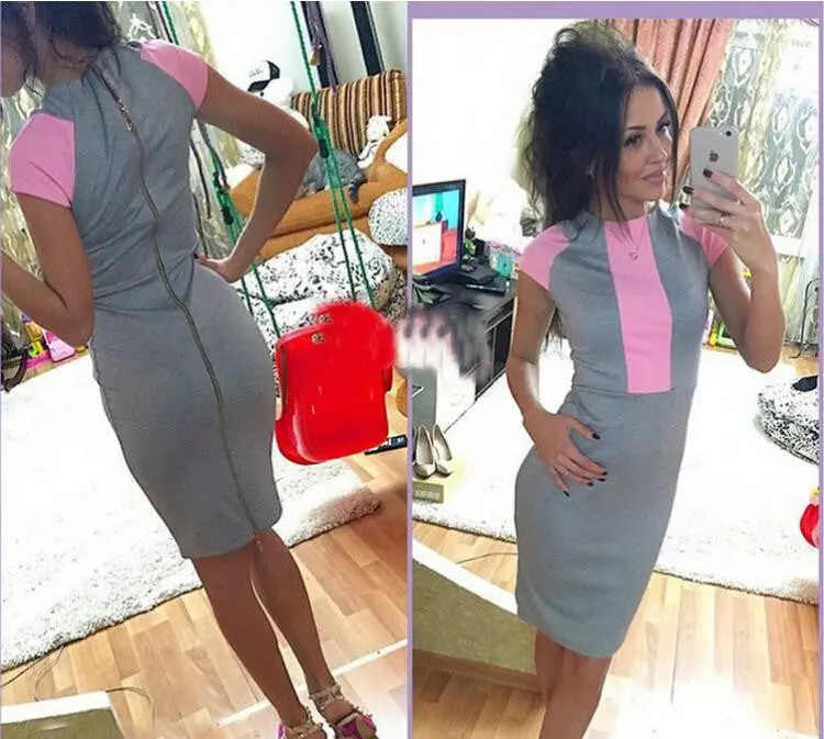 Sexy Dress Women Pink Gray Color Block Tight Fitted Dresses Ladies Sexy Bodycon Zipper Back Dress J3271 1