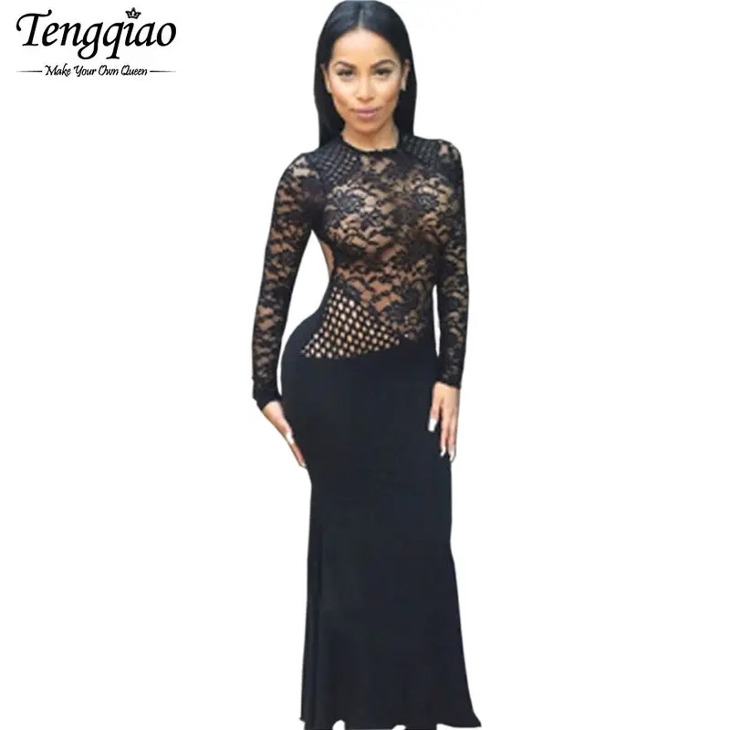 Sexy Dresses Long Sleeve Backless Party Dresses Elegant Floor Length Trumpet Pleated Black Lace Dress 2