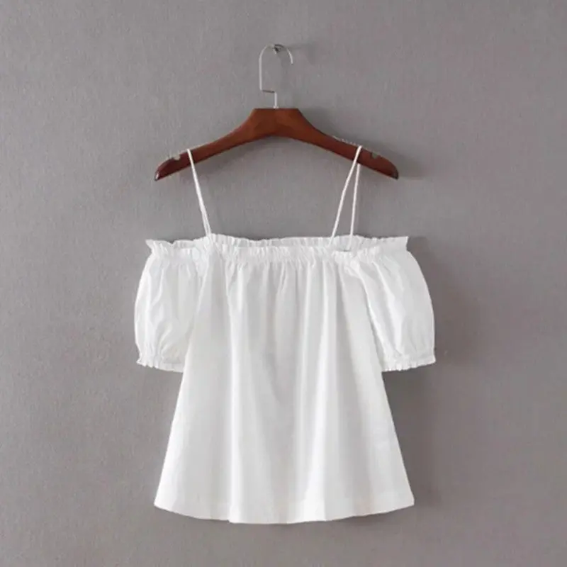 Sexy Elastic Slash Neck Off Shoulder Shirt Women Short Sleeve Short White Blouse Haut Camisa Ropa Chemise Femme S M L 3