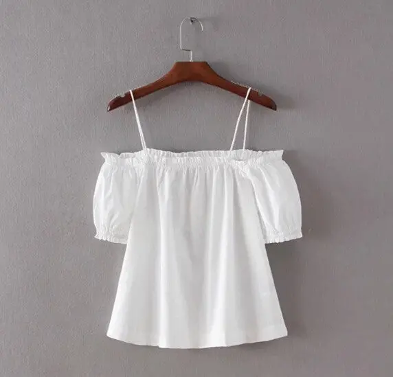 Sexy Elastic Slash Neck Off Shoulder Shirt Women Short Sleeve Short White Blouse Haut Camisa Ropa Chemise Femme S M L 5