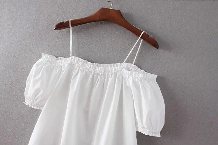 Sexy Elastic Slash Neck Off Shoulder Shirt Women Short Sleeve Short White Blouse Haut Camisa Ropa Chemise Femme S M L 6