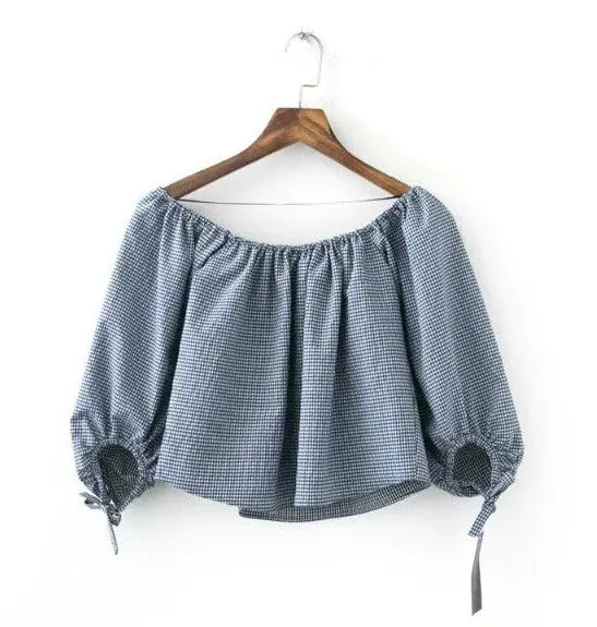 Sexy Elastic Slash Neck Plaid Print Shirt Women Off Shoulder 3/4 Sleeve Short Blouse Tops Pink Blue Colors 1