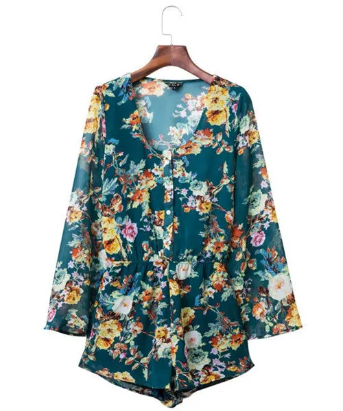 Sexy Elastic Waist Floral Print Jumpsuit Women Long Flare Sleeve Short Pants Romper Femme Casual Overalls 1