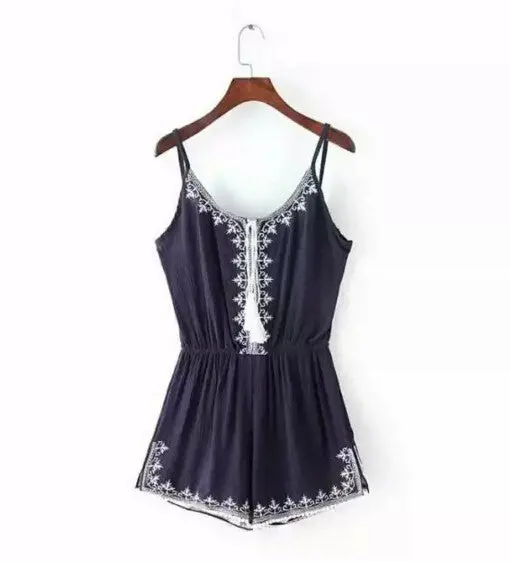 Sexy Ethnic Embroidery Floral Backless Short Jumpsuit Tassel Stream Neck Sling Slim Rompers Playsuit 2 Color 1