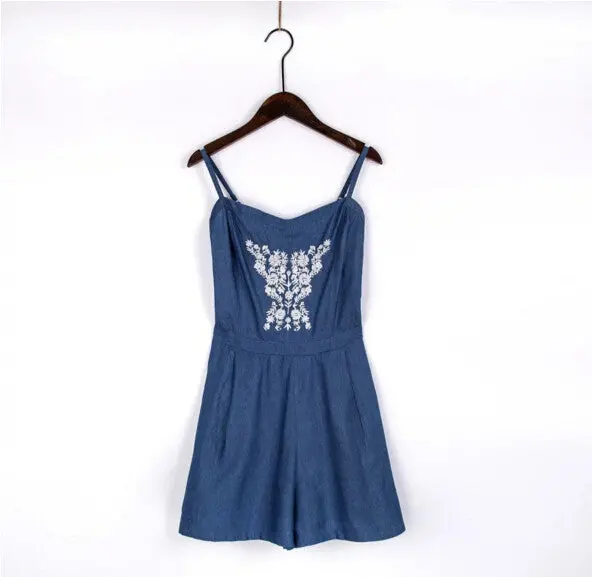 Sexy Ethnic Embroidery Floral Thin Denim Short Jumpsuit Back Elastic Sling Slim Rompers Playsuits Overalls Blue 1