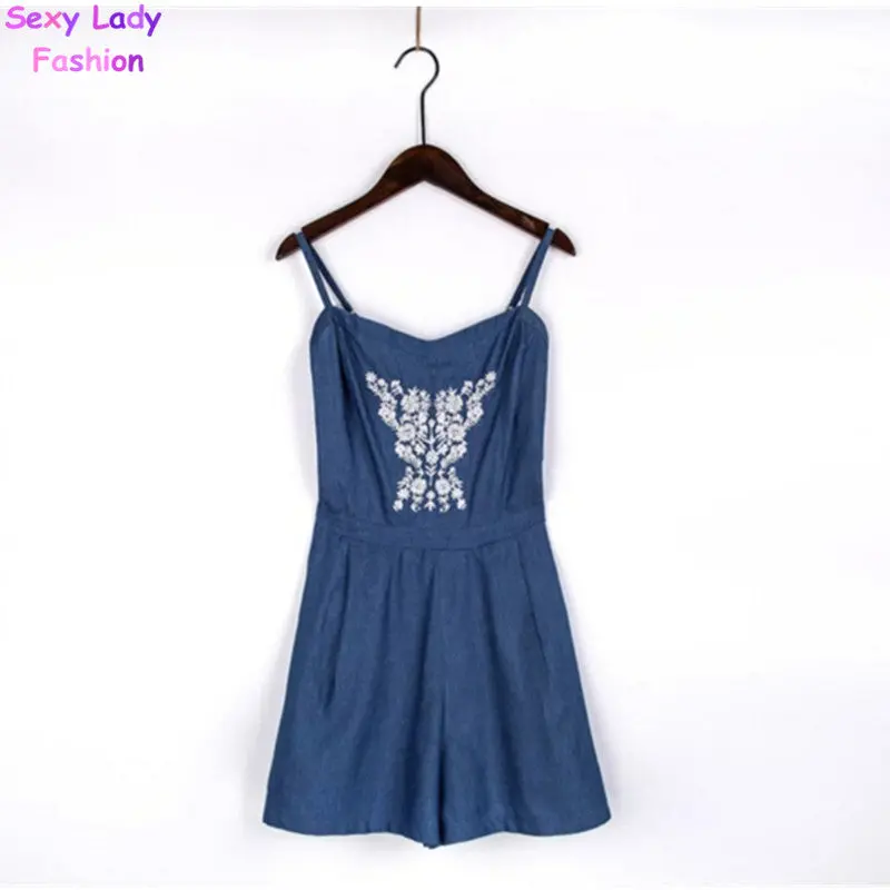 Sexy Ethnic Embroidery Floral Thin Denim Short Jumpsuit Back Elastic Sling Slim Rompers Playsuits Overalls Blue 2