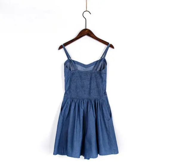 Sexy Ethnic Embroidery Floral Thin Denim Short Jumpsuit Back Elastic Sling Slim Rompers Playsuits Overalls Blue 3