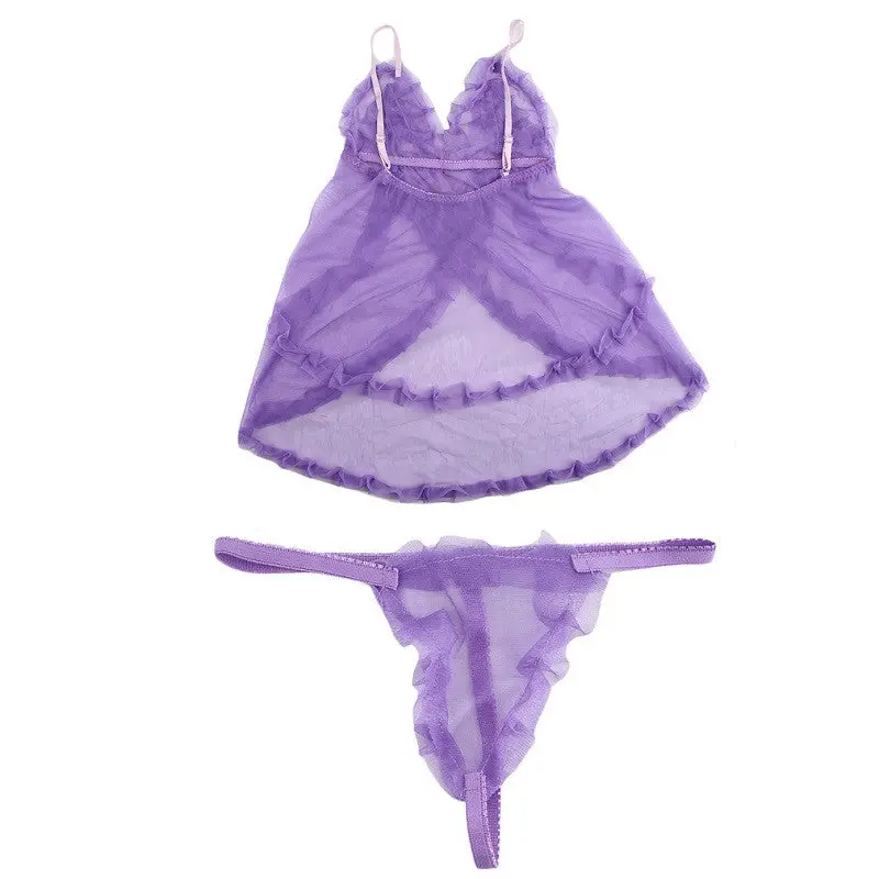 Sexy Falbala Lingerie Sleepwear Underwear Lace Dress G-String Nightwear 2