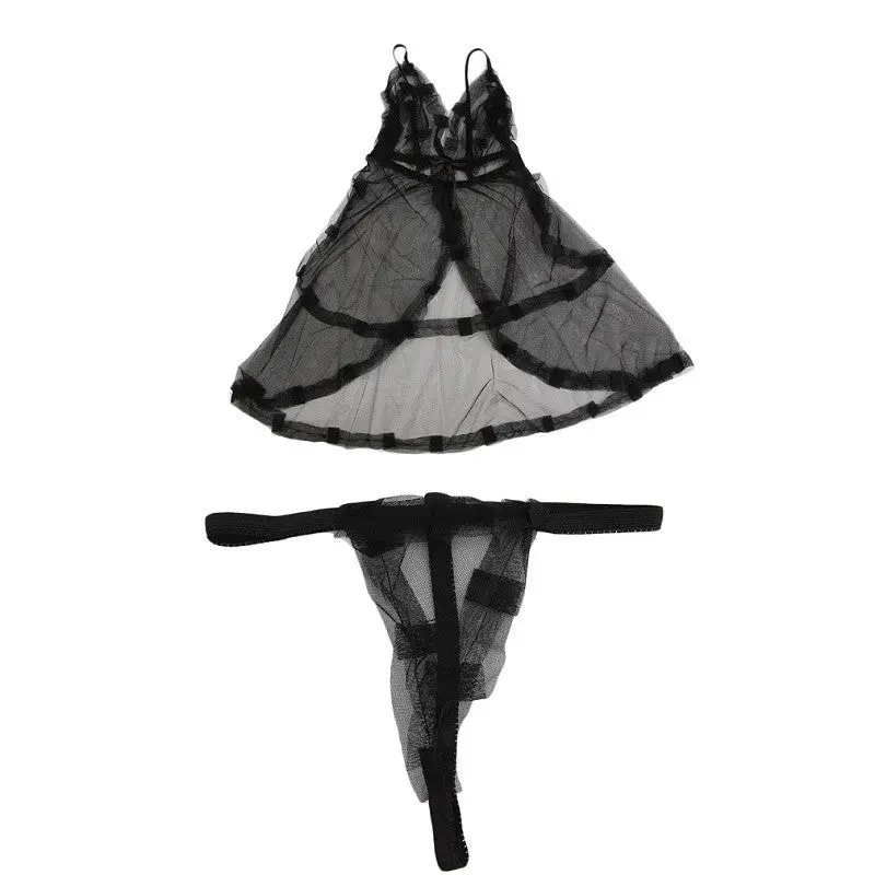 Sexy Falbala Lingerie Sleepwear Underwear Lace Dress G-String Nightwear 3