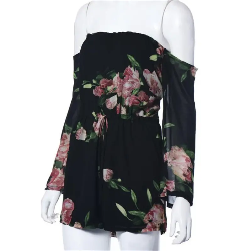 Sexy Floral Printed Off-Shoulder Long Sleeved Chiffon Jumpsuit Women Crop Top Playsuit Party Rompers Womens Jumpsuit 1