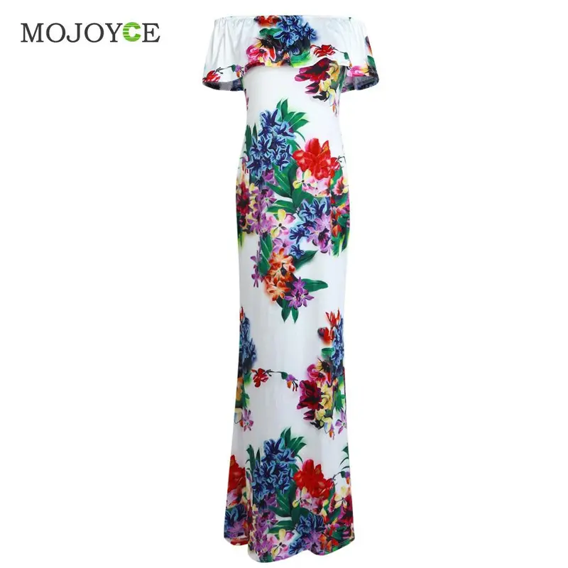 Sexy Floral Printing Off Shoulder Long Dress Slash Neck Milk Fiber Women Dress Vestidos Party Maxi Dress Vestido De Festa 1