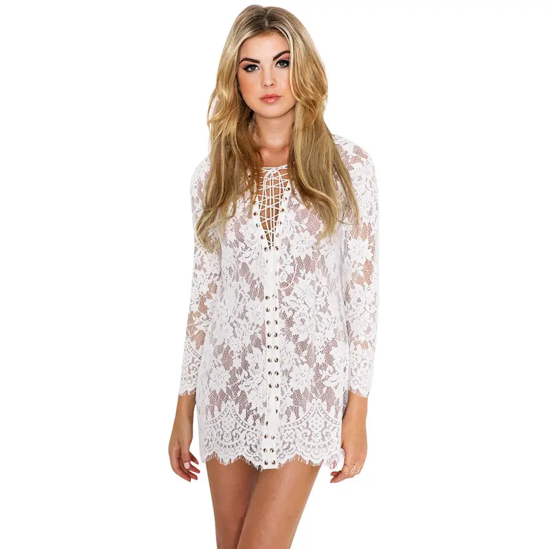 Sexy Formal Women Long Sleeve White Lace Dress Party Gown Prom Lace Bridesmaid Clubwear V-Neck Bandage Vestido De Festa 1