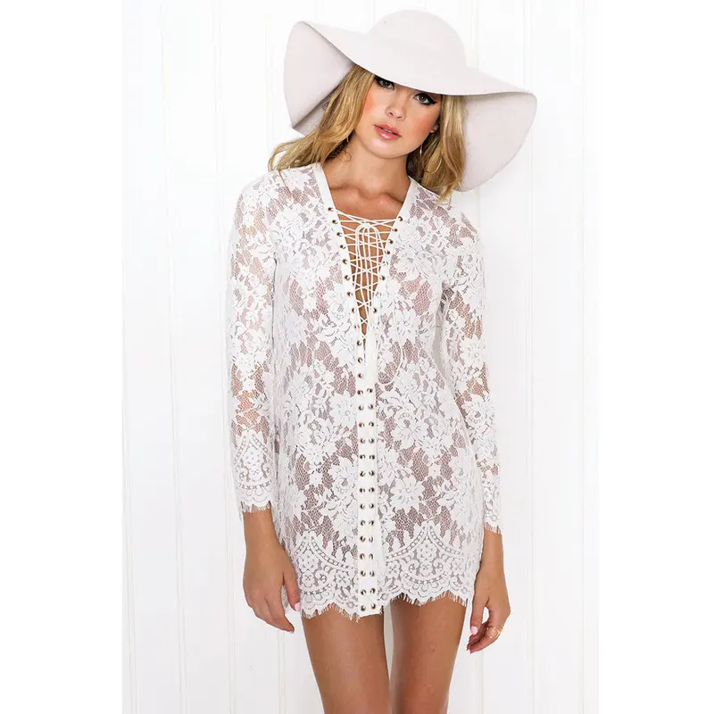 Sexy Formal Women Long Sleeve White Lace Dress Party Gown Prom Lace Bridesmaid Clubwear V-Neck Bandage Vestido De Festa 2