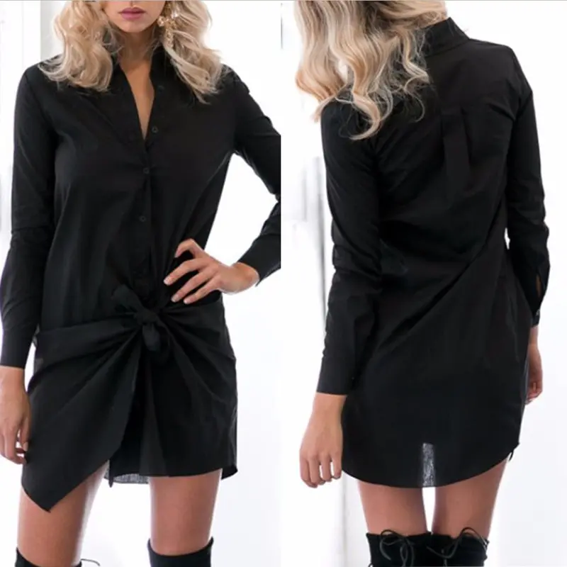 Sexy Front Bow Buttons Long Sleeve Shirtdress Casual Straight Office Shirt Dress Comfortable Cotton Blend Dress 1