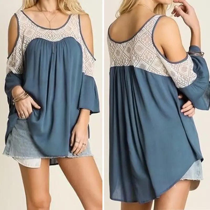 Sexy Front Shorter Back Longer Lace Flounced Sleeve Loose Big Size Tops S,M ,L, Xl 2