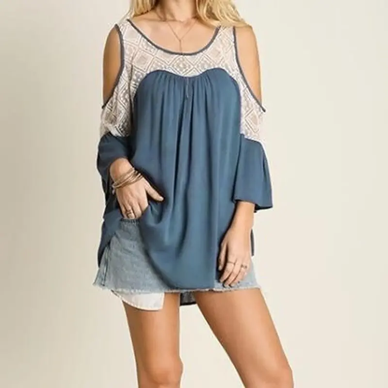Sexy Front Shorter Back Longer Lace Flounced Sleeve Loose Big Size Tops S,M ,L, Xl 3