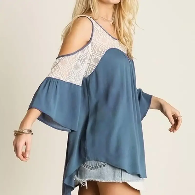 Sexy Front Shorter Back Longer Lace Flounced Sleeve Loose Big Size Tops S,M ,L, Xl 4
