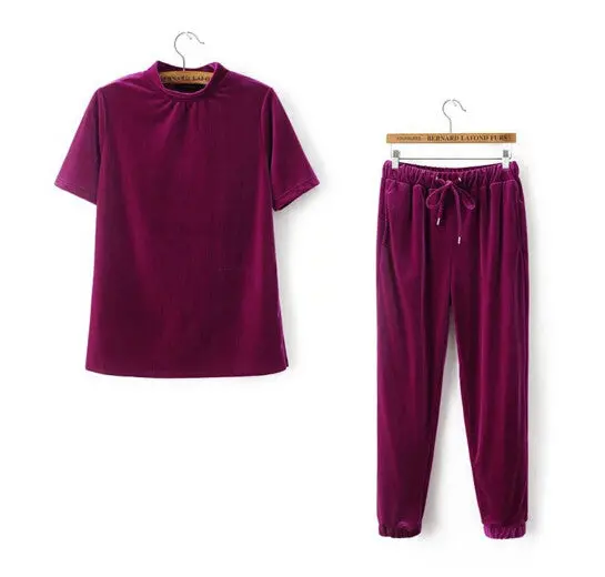 Sexy Half Turtleneck Velvet Sportswear Sets Woman Short Sleeve Sweatshirt Casual Tracksuit Wine Red 1