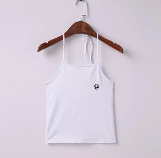 Sexy Halter Embroidery Et Aliens Camis Brandy Melville Crop Top Camisetas Tank Vest Halter Straps Tee White 1