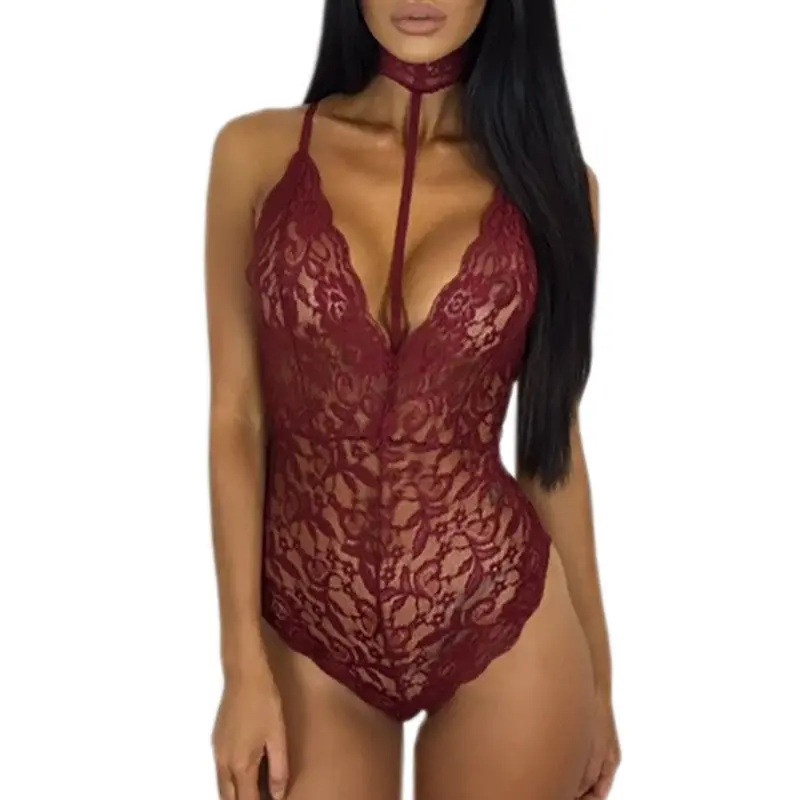 Sexy Halter Lace Bodysuit Women Sleeveless Deep V-Neck Jumpsuits Solid Elegant Sexy Bodycon Jumpsuit Romper Plus Sizze Gv494 10