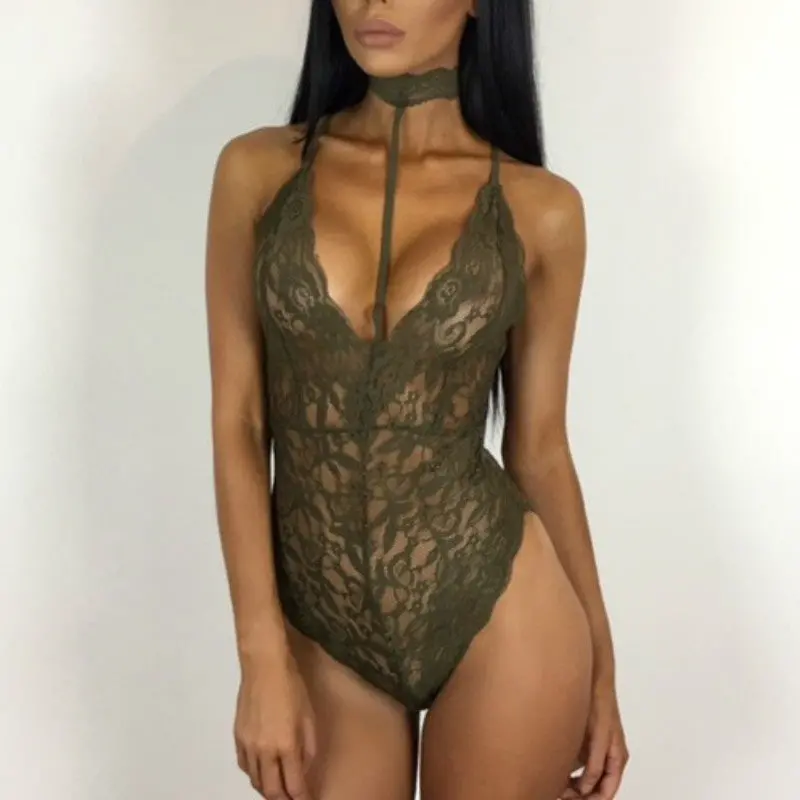 Sexy Halter Lace Bodysuit Women Sleeveless Deep V-Neck Jumpsuits Solid Elegant Sexy Bodycon Jumpsuit Romper Plus Sizze Gv494 5