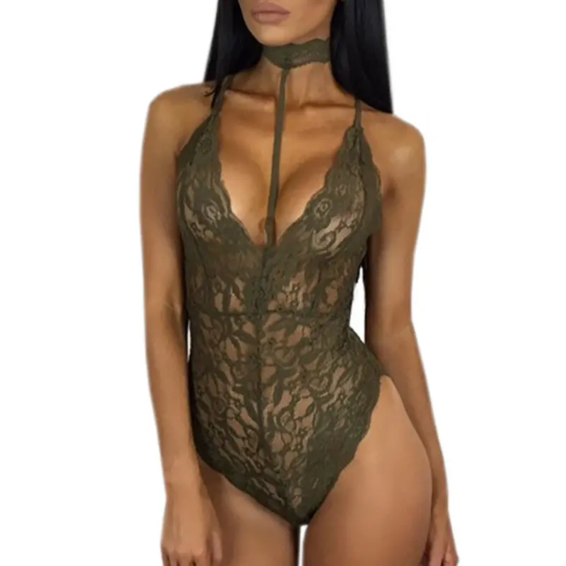 Sexy Halter Lace Bodysuit Women Sleeveless Deep V-Neck Jumpsuits Solid Elegant Sexy Bodycon Jumpsuit Romper Plus Sizze Gv494 6
