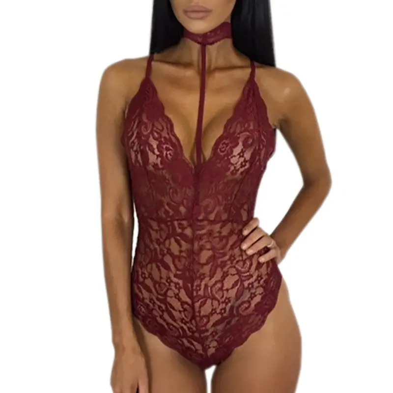 Sexy Halter Lace Bodysuit Women Sleeveless Deep V-Neck Jumpsuits Solid Elegant Sexy Bodycon Jumpsuit Romper Plus Sizze Gv494 7