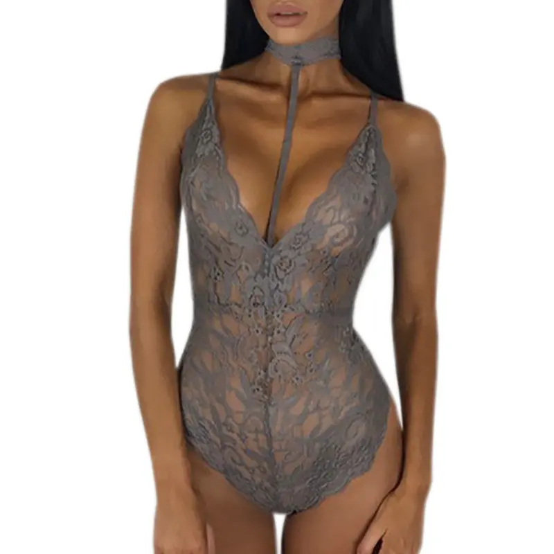 Sexy Halter Lace Bodysuit Women Sleeveless Deep V-Neck Jumpsuits Solid Elegant Sexy Bodycon Jumpsuit Romper Plus Sizze Gv494 8