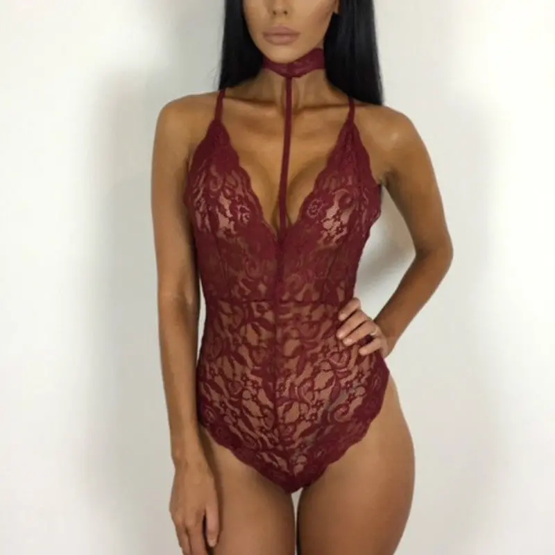 Sexy Halter Lace Bodysuit Women Sleeveless Deep V-Neck Jumpsuits Solid Elegant Sexy Bodycon Jumpsuit Romper Plus Sizze Gv494 9