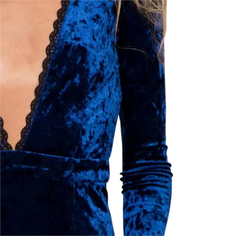 Sexy Halter Lace Velvet Bodycon Dress Women Halter Deep V Neck Long Sleeve Velvet Mini Dress Vestidos Gv487 8