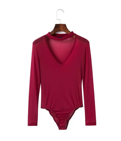 Sexy Halter V Neck Long Sleeve Mesh Bodysuit Woman Black Red Sperspective Tight Short Jumpsuit Slim Fit Rompers Playsuit 1
