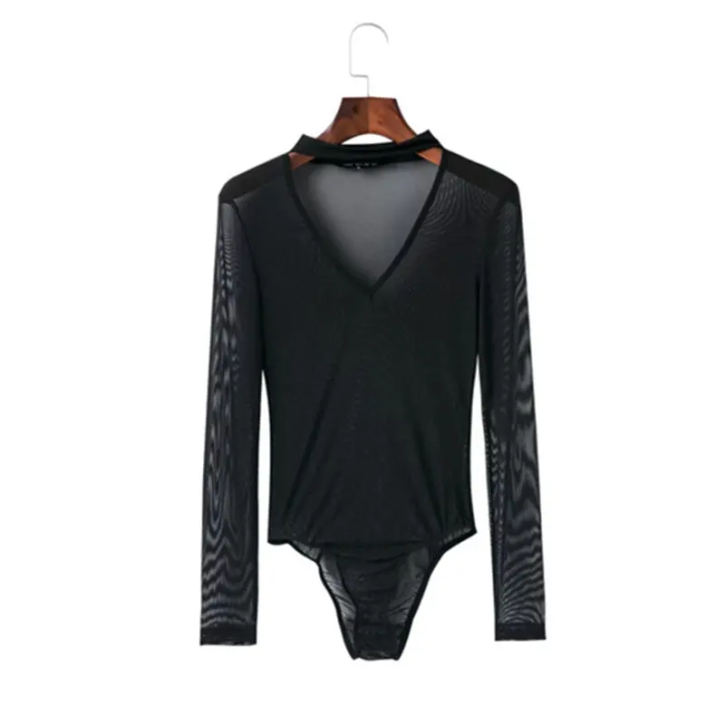 Sexy Halter V Neck Long Sleeve Mesh Bodysuit Woman Black Red Sperspective Tight Short Jumpsuit Slim Fit Rompers Playsuit 3