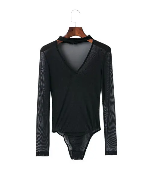 Sexy Halter V Neck Long Sleeve Mesh Bodysuit Woman Black Red Sperspective Tight Short Jumpsuit Slim Fit Rompers Playsuit 4