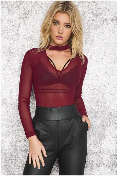 Sexy Halter V Neck Long Sleeve Mesh Bodysuit Woman Black Red Sperspective Tight Short Jumpsuit Slim Fit Rompers Playsuit 5