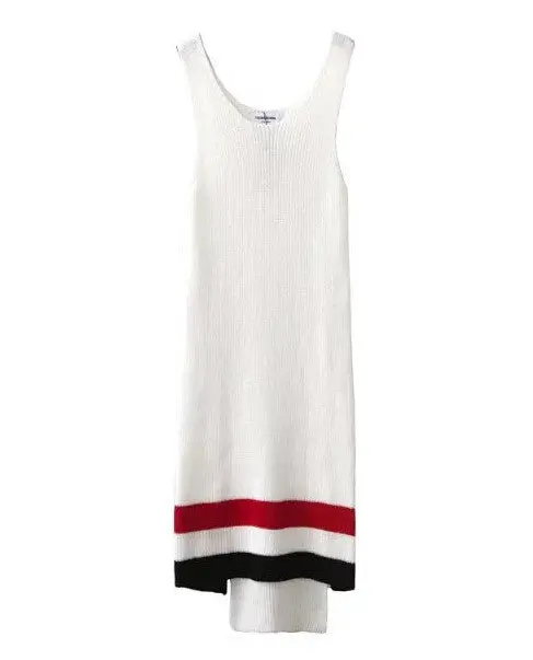 Sexy High-Low Contrast Color Knitted Tanks Dress Women O Neck Slit Side Buttons Spliced Mid Long Dress White S M L 1