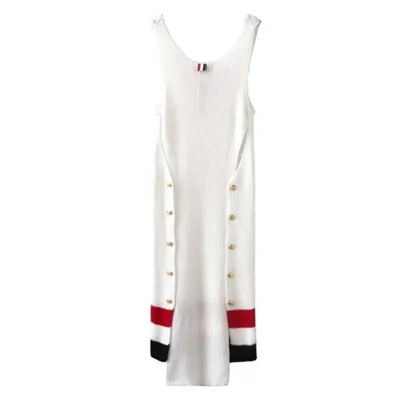 Sexy High-Low Contrast Color Knitted Tanks Dress Women O Neck Slit Side Buttons Spliced Mid Long Dress White S M L 2