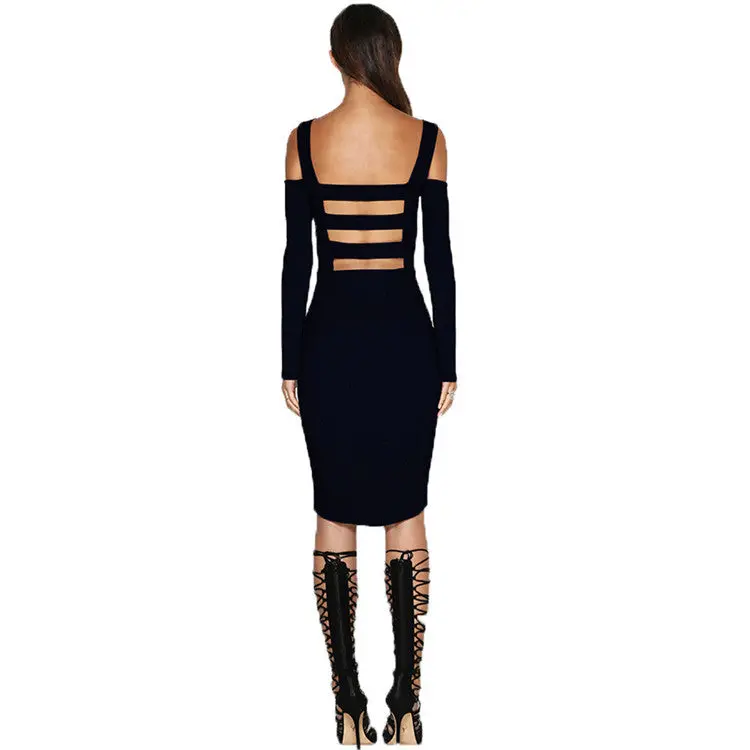 Sexy Hollow Out Dress Backless Bodycon Off Shoulder Bandage Dresses Knee Length Long Sleeve Party Dresses Vestidos M0437 1