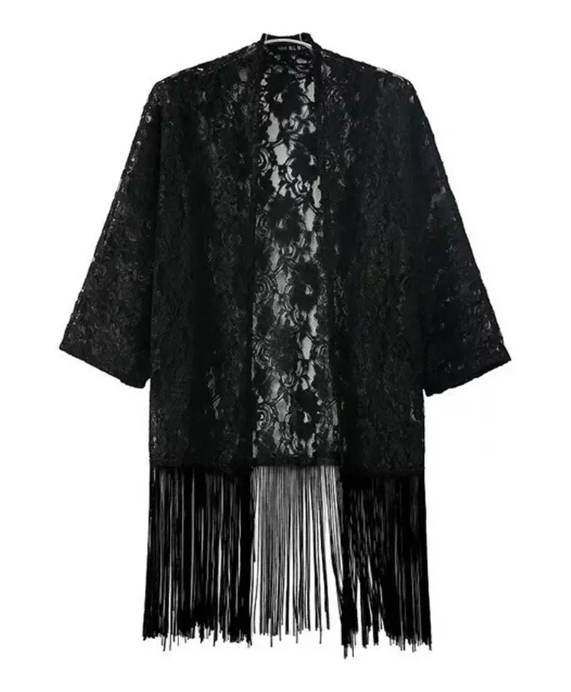 Sexy Hollow Out Floral Crochet Lace Kimono Shirt Tassel Cardigan Women's Retro Black Bat Sleeve Fringed Blouse Tops 1