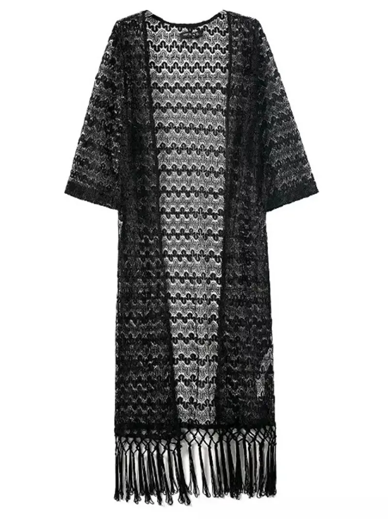 Sexy Hollow Out Floral Crochet Lace V Neck Long Kimono Cardigan Shirt Women's Black Blouse Tops Shawl 1