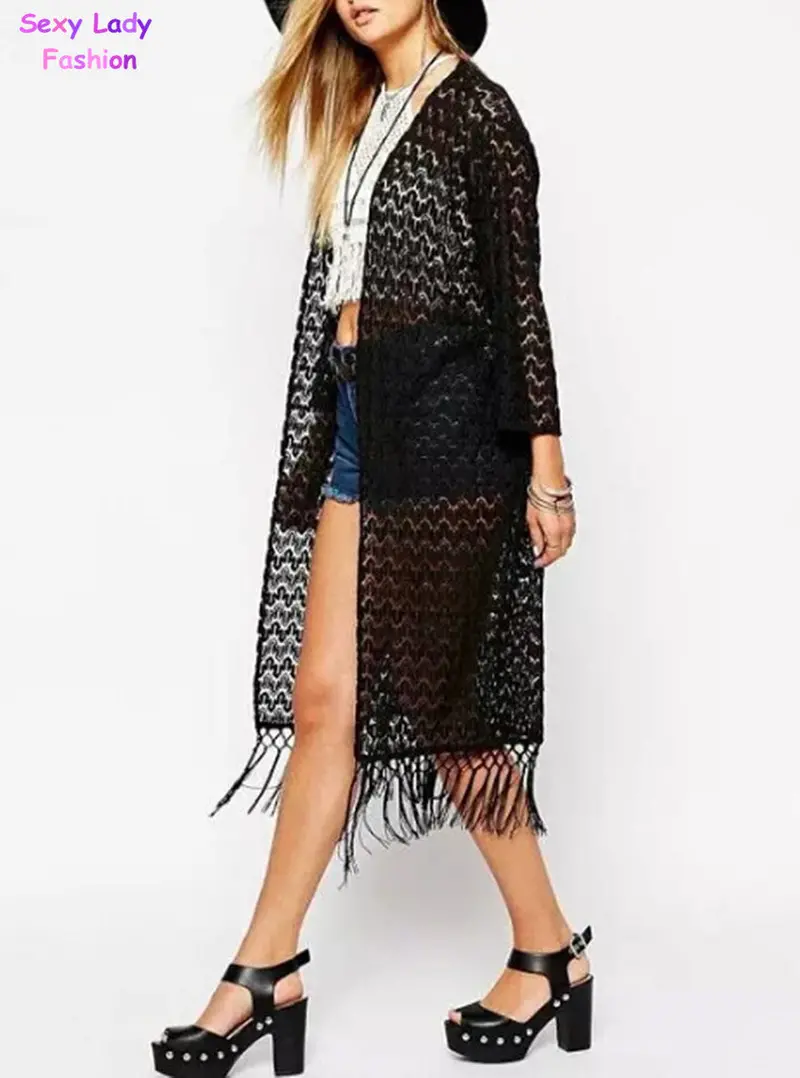 Sexy Hollow Out Floral Crochet Lace V Neck Long Kimono Cardigan Shirt Women's Black Blouse Tops Shawl 2