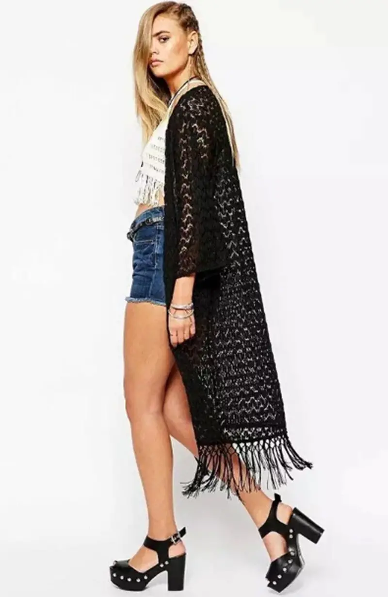 Sexy Hollow Out Floral Crochet Lace V Neck Long Kimono Cardigan Shirt Women's Black Blouse Tops Shawl 3