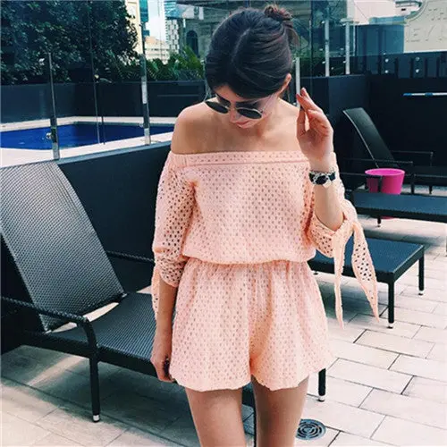 Sexy Hollow Out Lace Jumpsuit Cute Slash Neck Off Shoulder Rompers Womens Jumpsuit White Overalls Strapless Bow Women Playsuit 1
