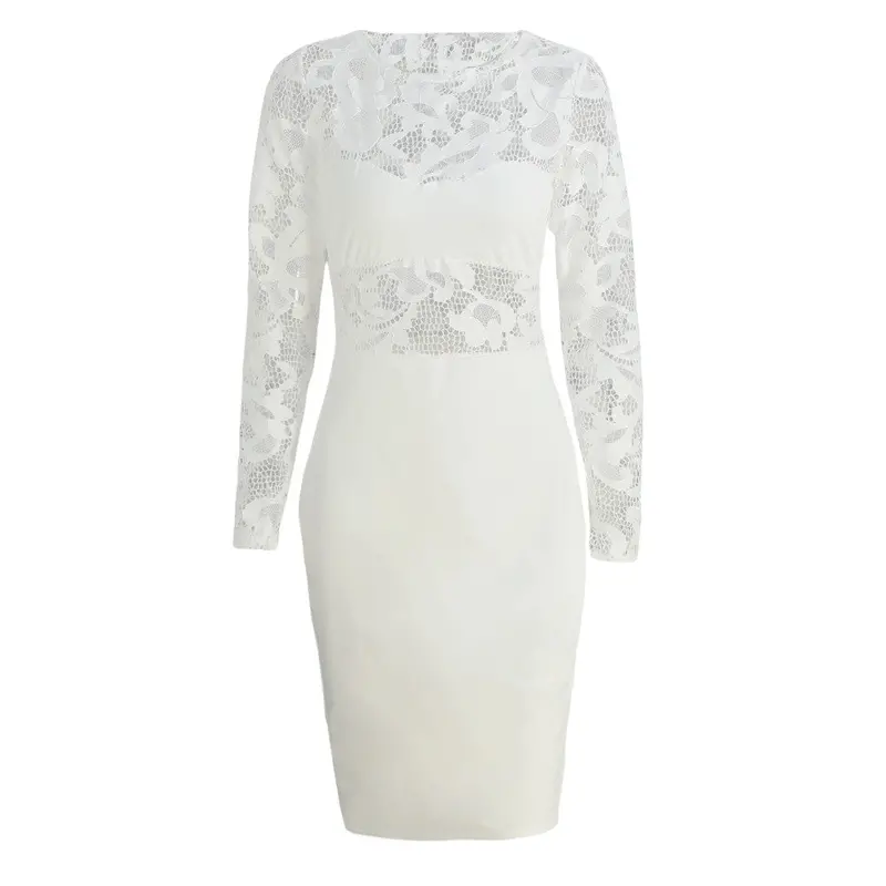 Sexy Hollow Out White Lace Dress Elegant Bodycon Party Dress Women Long Sleeve Casual Dresses Fashion 5