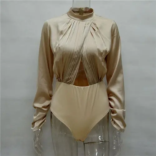 Sexy Hollow Out Women Bodysuit High Neck Imitate Silk Blouses Women Body Top Long Sleeve Office Shirts Bodysuit Top 1