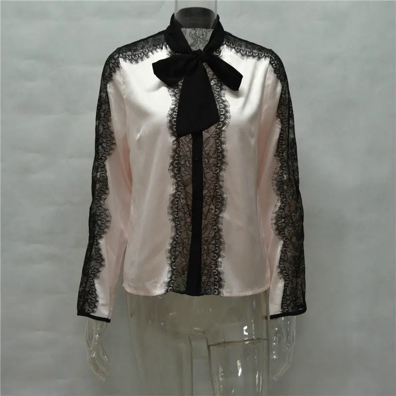 Sexy Hollow Patchwork Lace Blouses Tied Long Sleeve Office Lady Shirts Plus Size Women Tops Lace Crochet Blusas 1