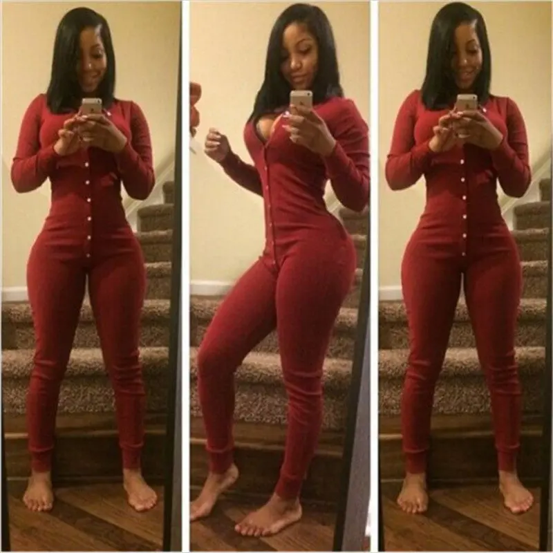 Sexy Jumpsuit Bodysuit Long Sleeve Button Decorated Rompers Knitted Bodycon Jumpsuit Playsuit For Women 1