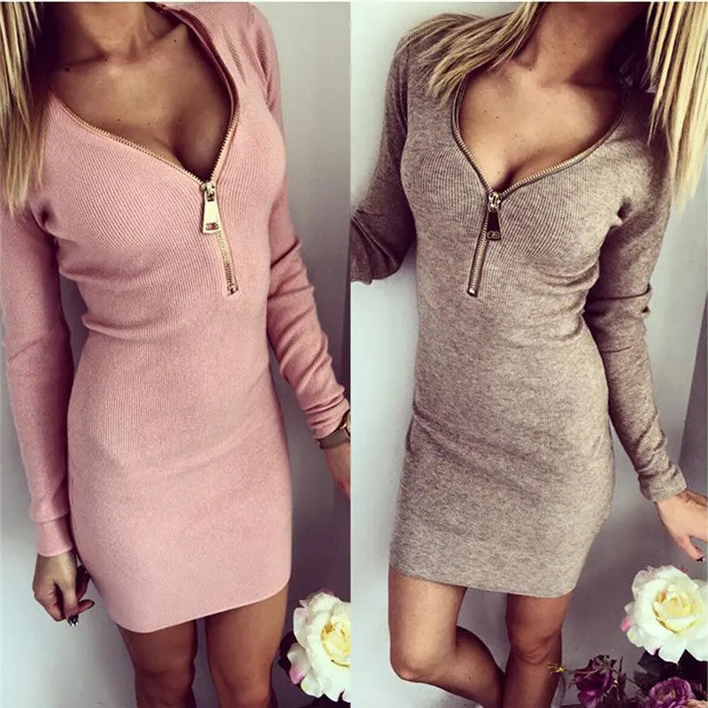 Sexy Knitted Bodycon Dress Long Sleeve Basic Dress V Neck Mini Dresses Zipper Bodycon Dress For Women 4