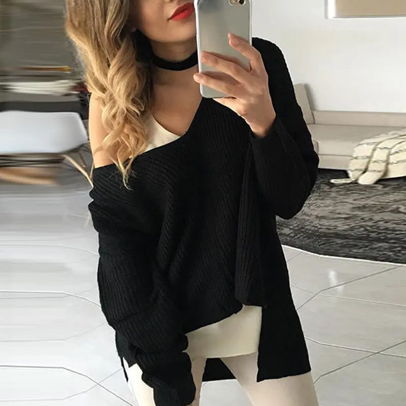 Sexy Knitted Women Sweaters Sweaters Pullover V Neck Long Sleeve Asymmetric Loose Warm Sweaters Gv389 1
